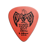 A single red Ernie Ball Everlast guitar pick with the brand logo and text 'Everlast Ernie Ball 1.14MM USA' printed on it.