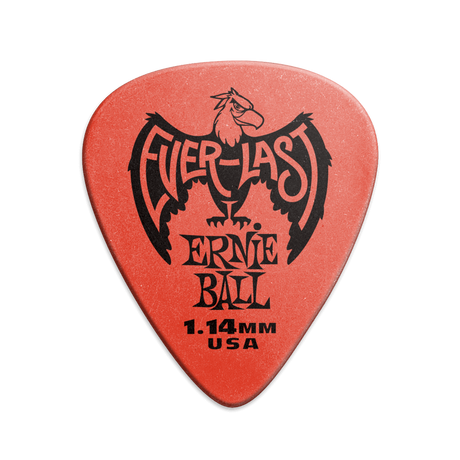 A single red Ernie Ball Everlast guitar pick with the brand logo and text 'Everlast Ernie Ball 1.14MM USA' printed on it.