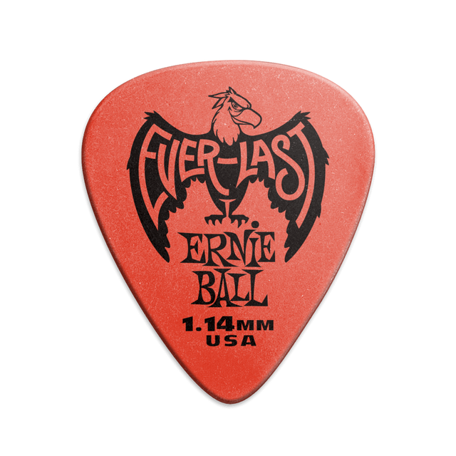 A single red Ernie Ball Everlast guitar pick with the brand logo and text 'Everlast Ernie Ball 1.14MM USA' printed on it.