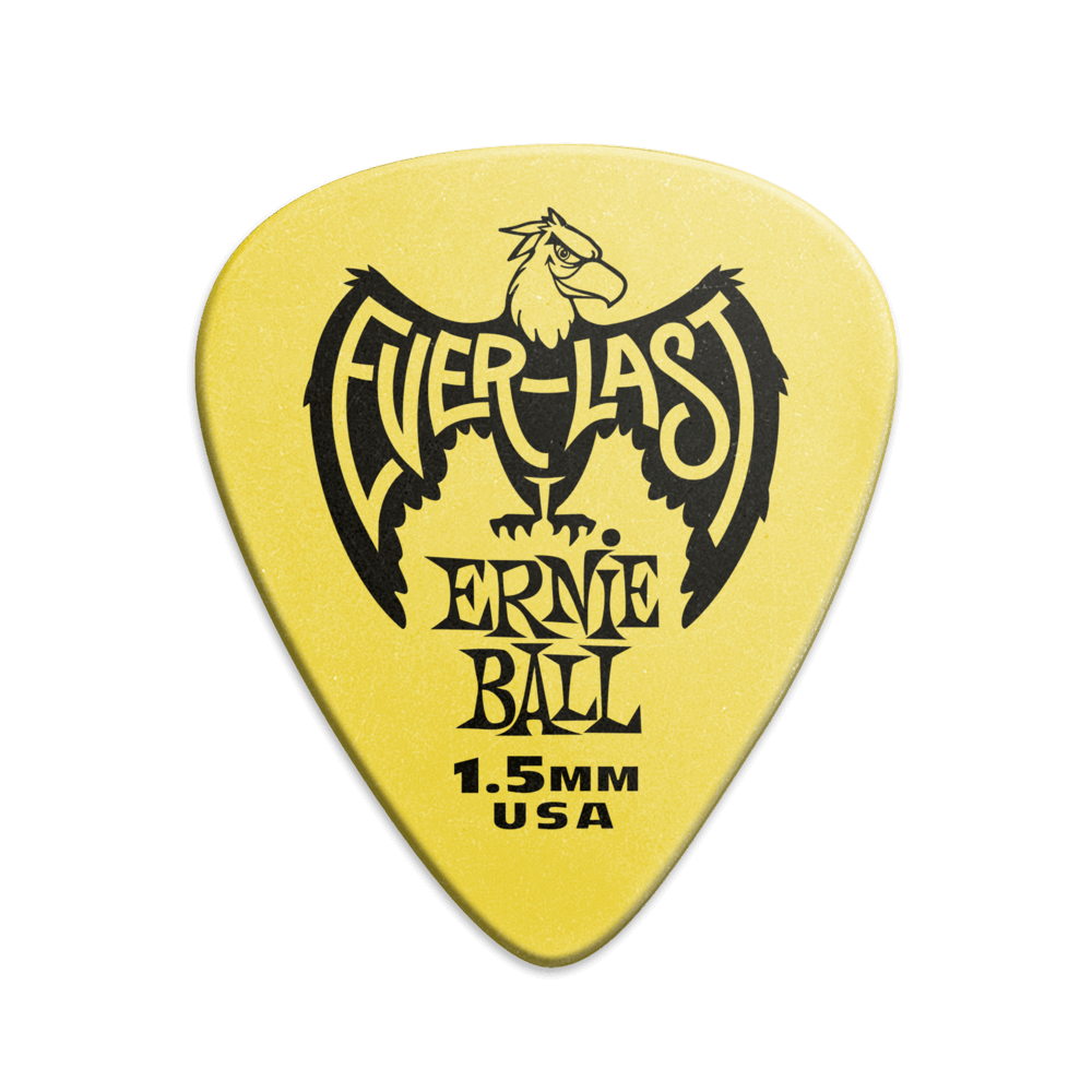 A single yellow Ernie Ball Everlast guitar pick with the brand logo and text 'Everlast Ernie Ball 1.5MM USA' printed on it.