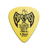 A single yellow Ernie Ball Everlast guitar pick with the brand logo and text 'Everlast Ernie Ball 1.5MM USA' printed on it.