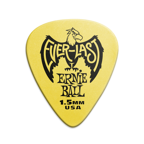 A single yellow Ernie Ball Everlast guitar pick with the brand logo and text 'Everlast Ernie Ball 1.5MM USA' printed on it.