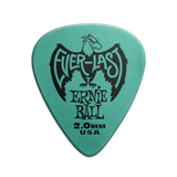 A single green Ernie Ball Everlast guitar pick with the brand logo and text 'Everlast Ernie Ball 2.0MM USA' printed on it.