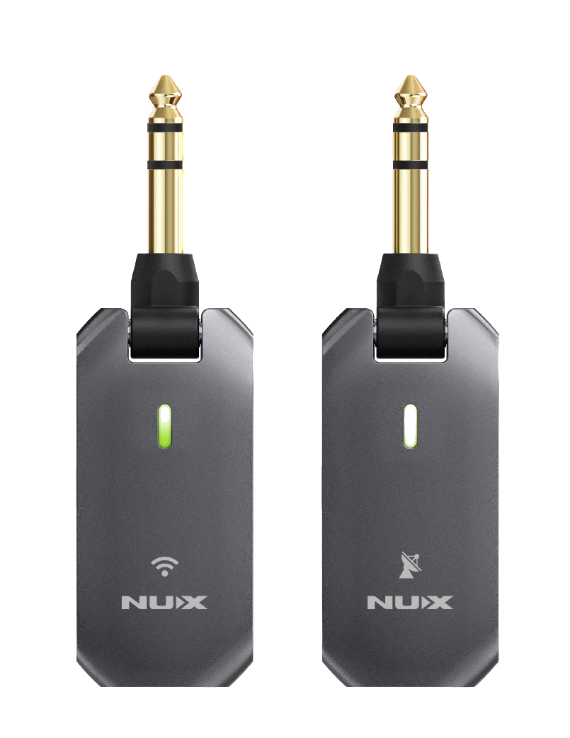 Two NUX C-5RC wireless guitar system units with black bodies and gold-colored connectors.
