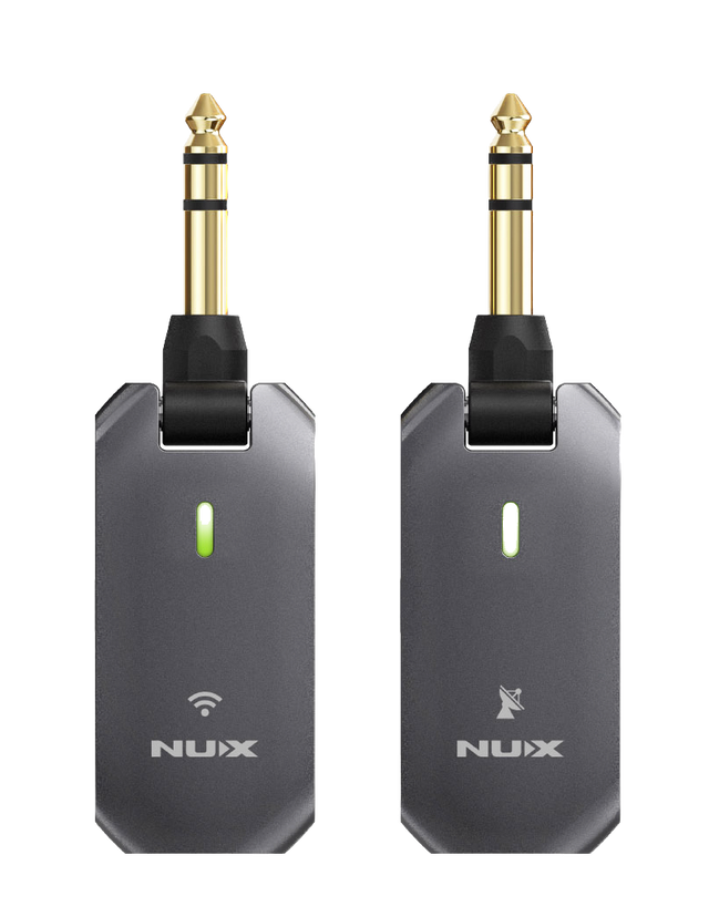 Two NUX C-5RC wireless guitar system units with black bodies and gold-colored connectors.