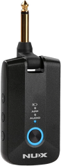 NUX Mighty Plug Pro Headphone Guitar and Bass Amplifier, portable and compact in design, black color with blue accents.